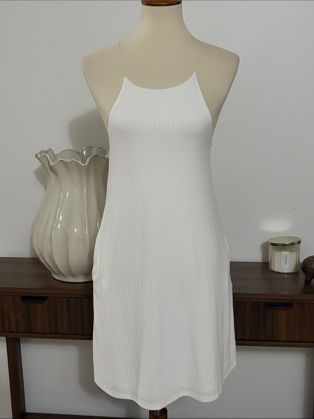 White Ribbed Mini Slip Dress with Halter Neck and‎ POCKETS! Mm Mm Mm Size Small